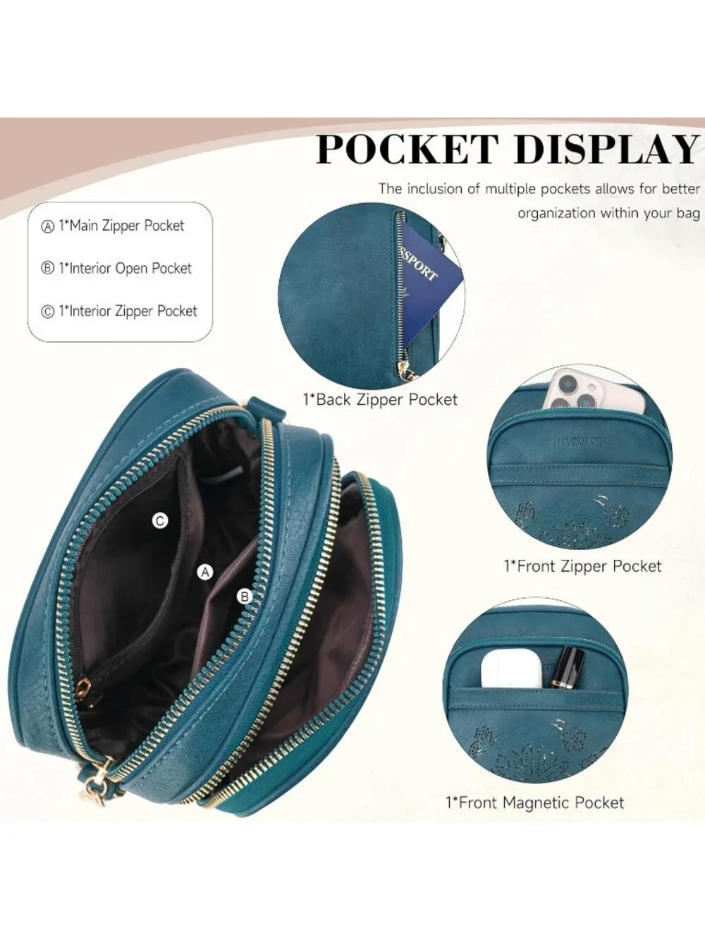 Women's Blue Crossbody Phone Purse Triple Compartments Lightweight Shoulder Bag